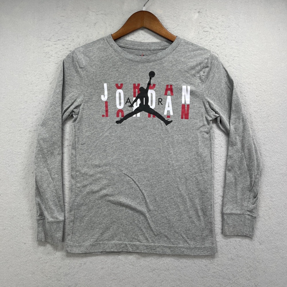 Jordan Long Sleeve Graphic Tee Boy L Gray Jumpman Air Logo Activewear Streetwear